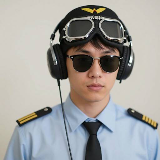 Young male pilot in blue uniform, black tie, sunglasses, headset, and aviator goggles, with a black cap and yellow wings insignia.