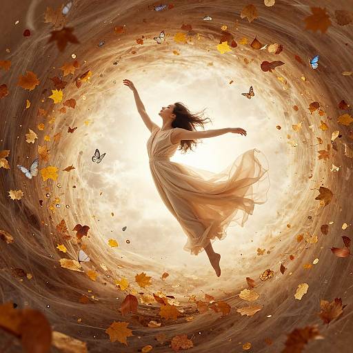 Digital art: Silhouetted woman in flowing dress dancing in a swirling vortex of light, surrounded by falling autumn leaves and butterflies.