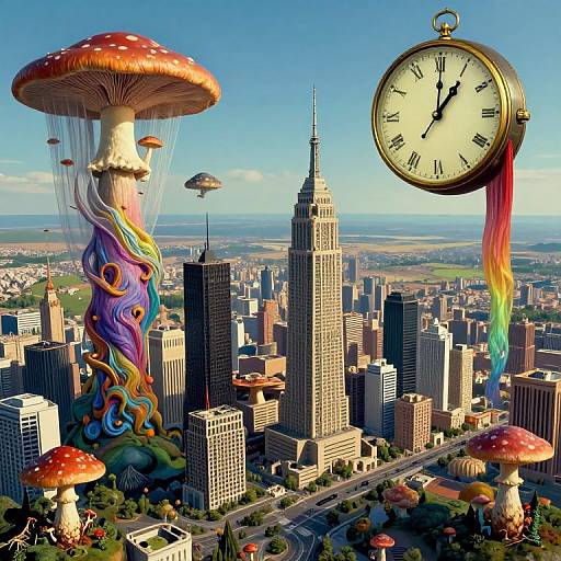 Surreal cityscape with giant mushroom with rainbow spiral, floating clock, and smaller mushrooms, set against a realistic skyscraper backdrop. Digital art.