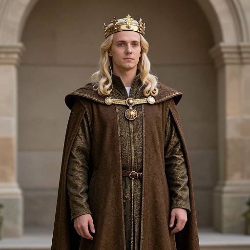 Photograph of a young, blonde man with long hair, wearing a gold crown, brown medieval robe, and intricate chest emblem, standing in front of