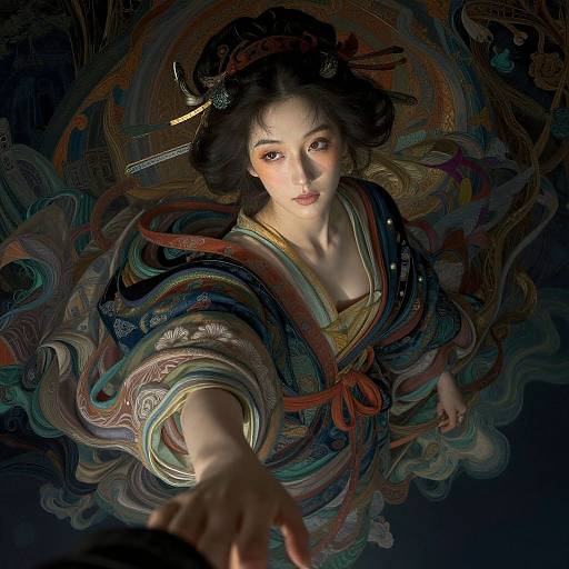 Digital painting of an Asian woman with flowing black hair, wearing a colorful, patterned kimono, extending her hand forward in a mystical, swirling dark