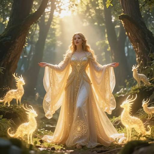Photorealistic fantasy image of a glowing, ethereal woman in a golden, flowing gown, standing in a sunlit forest surrounded by magical, golden