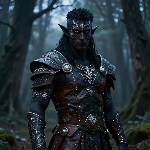 Photorealistic CGI of a dark-skinned, muscular orc warrior with glowing yellow eyes, wearing intricate silver armor and leather, standing in a misty