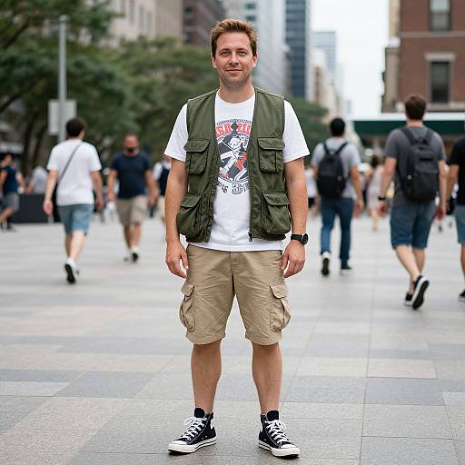 Photograph of a smiling man with short brown hair, wearing a white t-shirt, green vest, beige cargo shorts, black sneakers, and a watch