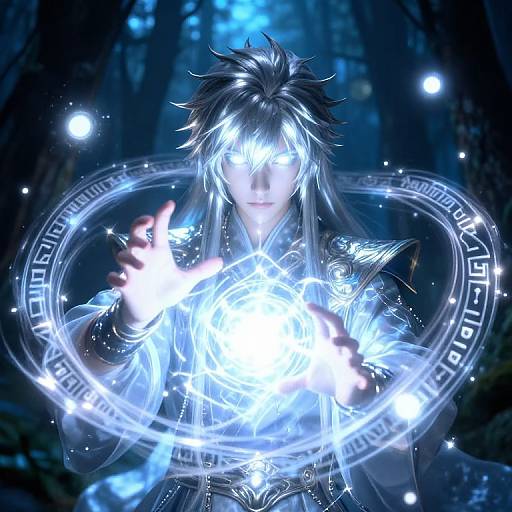 Digital anime artwork of a mystical, silver-haired mage with glowing blue eyes and ethereal blue energy circles, casting a spell in a dark, enchanted forest