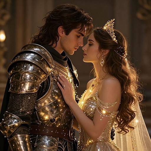 Photograph-style CGI of a romantic medieval scene: armored man with long brown hair and a princess in a sparkling, gold-embellished gown,