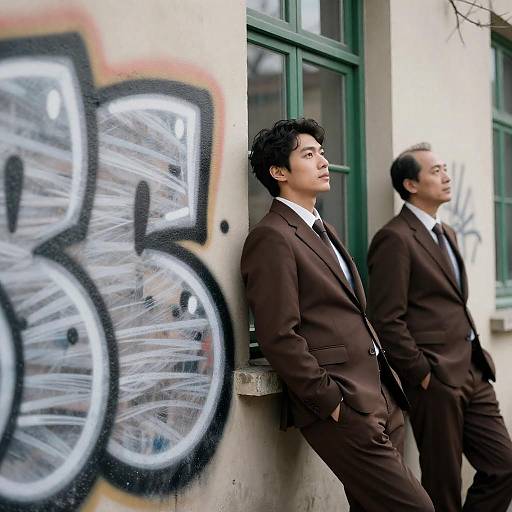 Two Men in Brown Suits Behind Graffiti