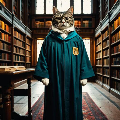 Cat in Scholar Robe in Library