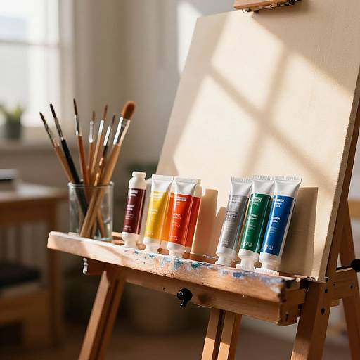 Photograph of artist's easel with vibrant paint tubes (red, yellow, orange, green, blue) and paintbrushes on a sunlit