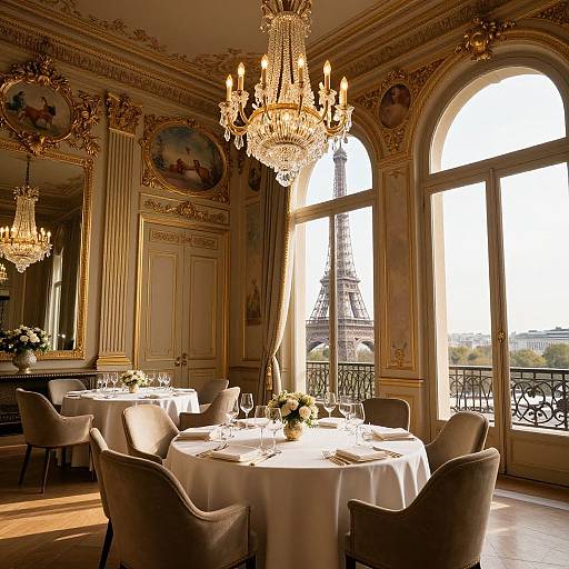 Elegant Parisian ballroom photograph with grand chandeliers, arched windows showing the Eiffel Tower, round tables, beige upholstered chairs