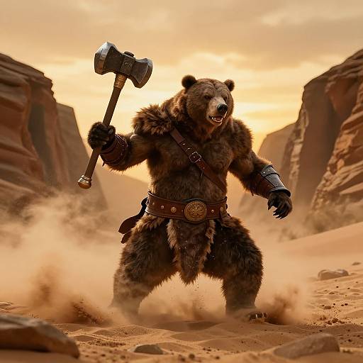 CGI image of a fierce, anthropomorphic bear warrior with a large hammer, brown fur, leather armor, and a belt, standing in a dusty