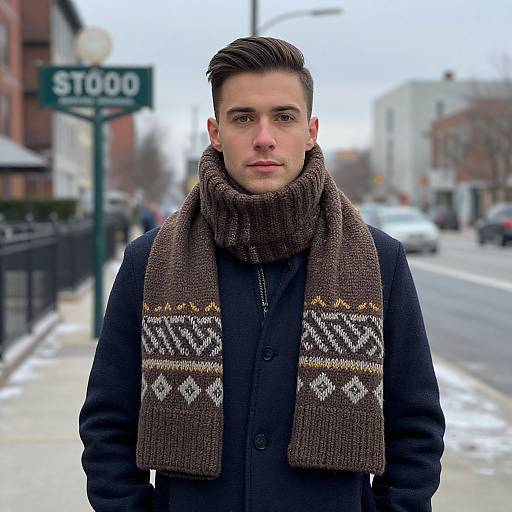Photograph of a young man with short brown hair, wearing a dark coat and brown patterned scarf, standing on a snowy street. Background includes a