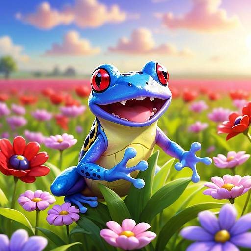 Happy Blue Frog in Flower Field
