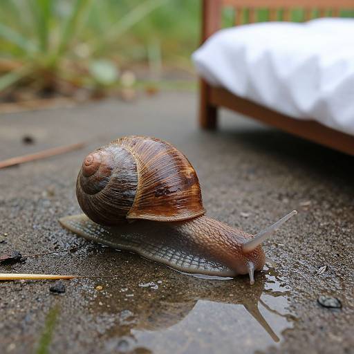 Photograph of a brown snail with a textured shell and extended eye stalk, crawling on a wet, gray concrete surface near a white-cushioned