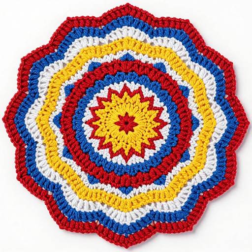Vibrant, hand-crocheted round mandala with concentric red, yellow, blue, white rings, and a central red starburst