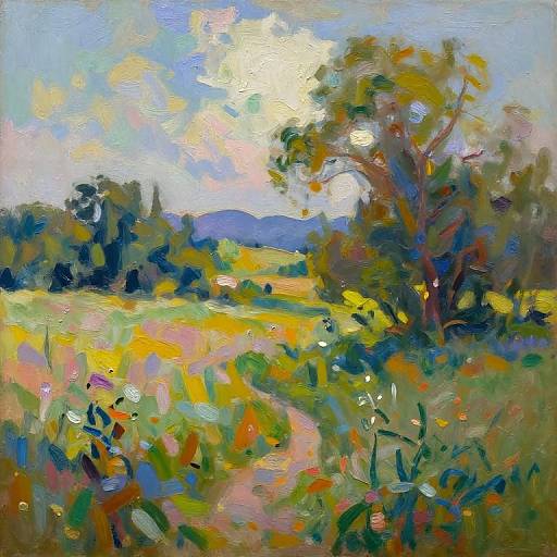 Impressionist oil painting of a sunlit meadow with vibrant, colorful brushstrokes. A winding path leads through lush greenery and a large