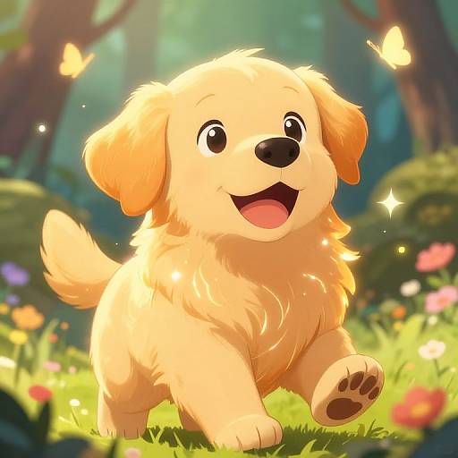 Cute, golden-furred puppy with large eyes and open mouth, joyfully playing in a sunlit forest meadow with colorful flowers and glowing butterflies
