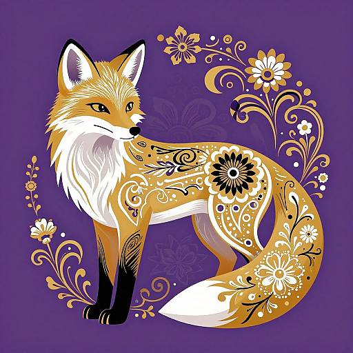 Digital illustration of an ornate, orange fox with white chest and tail tip, black paws, and intricate floral patterns on a purple background.