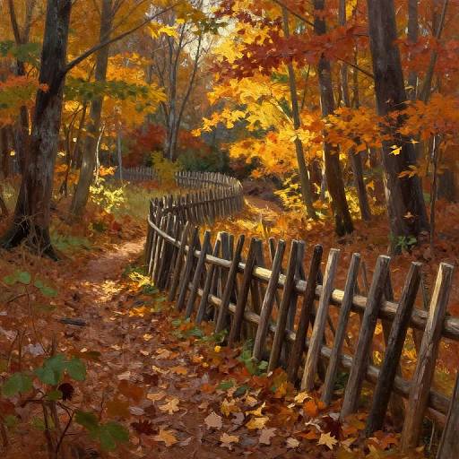 Photograph of a wooden fence curving through a vibrant autumn forest, with colorful orange, red, and yellow leaves covering the ground and trees in the