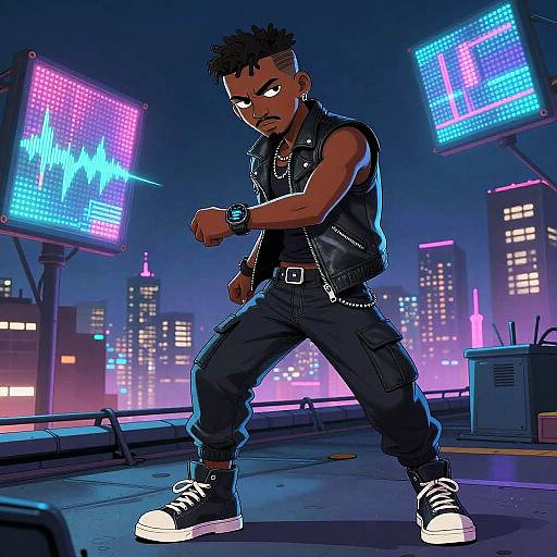 Digital artwork of a muscular Black man with short, spiked hair, wearing a black leather vest, cargo pants, and high-top sneakers, standing in a