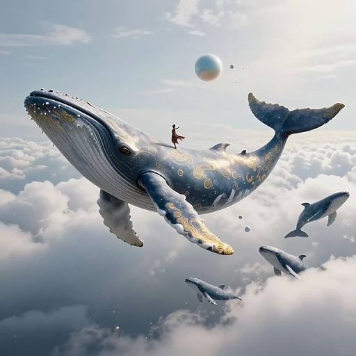 Golden Whale Soars Through Ethereal Sky