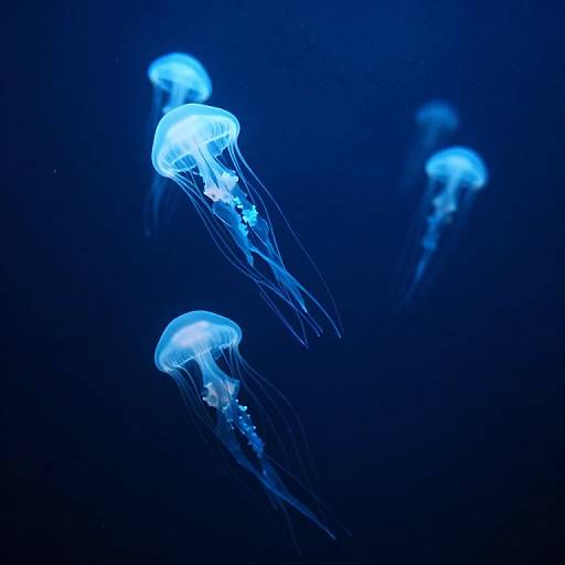 Photograph of four glowing blue jellyfish floating in a dark blue underwater environment, their translucent bodies and delicate tentacles illuminated.