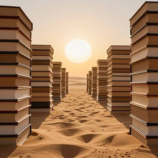 Photograph of a desert sunset with tall stacks of books on either side, creating a narrow, sandy book-filled pathway.