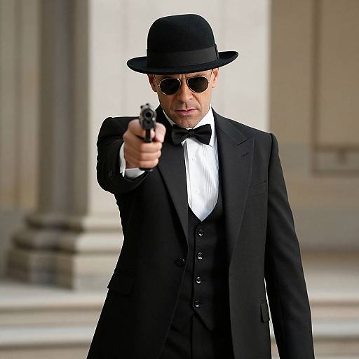 Photograph of a suave man in a black tuxedo, bow tie, and fedora, wearing round sunglasses, pointing a handgun forward.