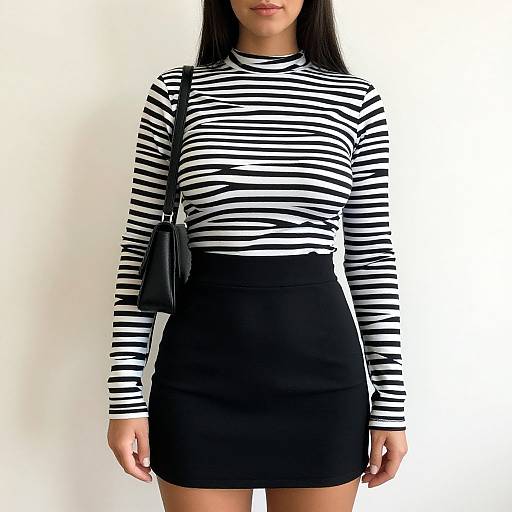 Photograph of a woman with long black hair wearing a black and white striped long-sleeve top, black high-waisted skirt, and black