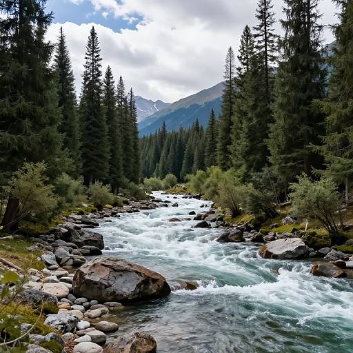 Photograph of a rushing mountain stream, surrounded by dense evergreen trees, large rocks, and a cloudy sky with distant snow-capped peaks.