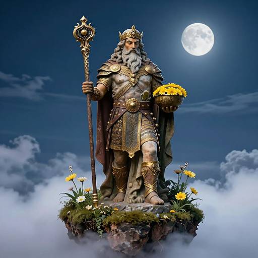 Digital artwork of a bearded, armored king with a crown, holding a staff and a flower basket, standing on a cloud under a full moon.
