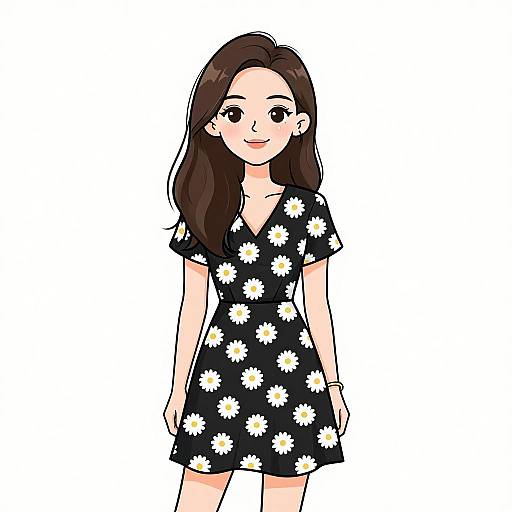 Digital illustration of a smiling young woman with long brown hair, wearing a black daisy-patterned dress, standing against a white background.