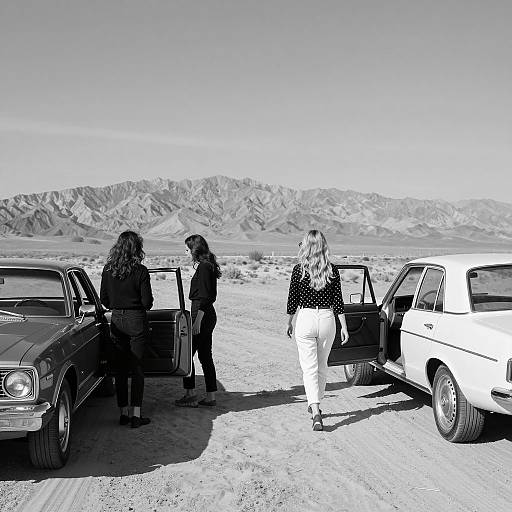 Vintage Desert Scene with Women and Cars