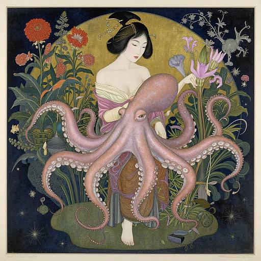 Illustration of a serene Asian woman with black hair, holding a large pink octopus amidst vibrant flowers, set against a dark blue and gold background.