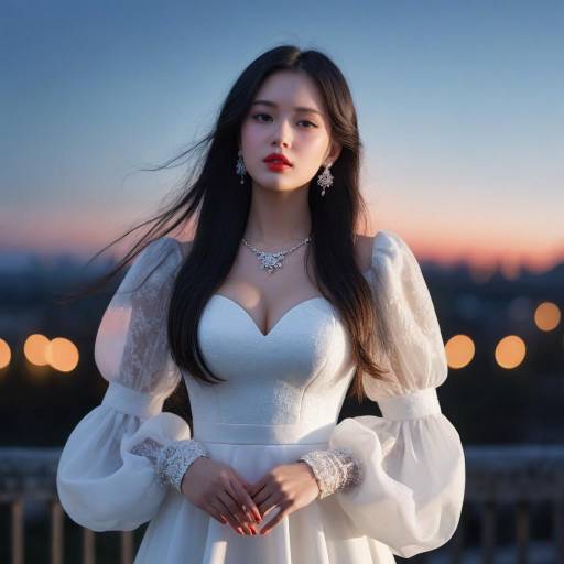 Elegant Girl in White Dress at Night