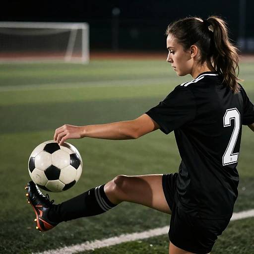 Dynamic Woman Kicking Soccer Ball