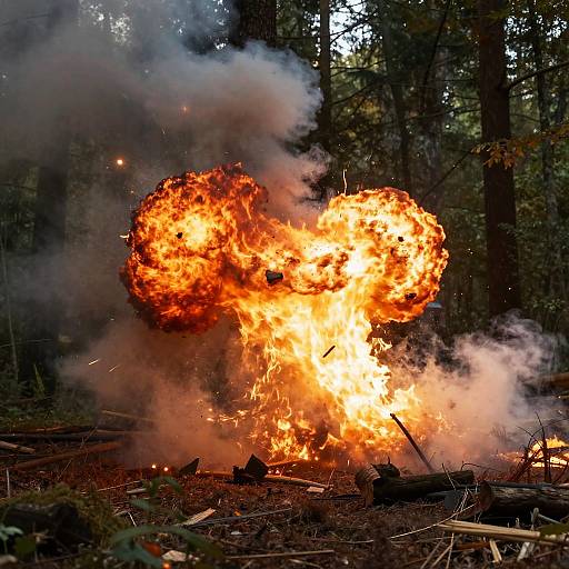 Photograph of a massive forest explosion with bright orange flames and thick white smoke, set against a dark, dense woodland background.
