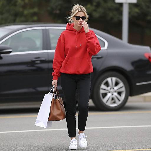 Blonde Woman Walking in Red Hoodie