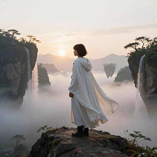 Mystical Figure on Misty Mountain Peak