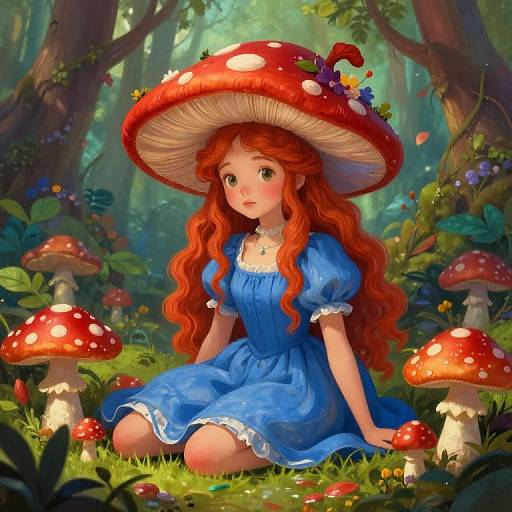Digital fantasy illustration of a red-haired girl in a blue dress, wearing a giant red mushroom hat, kneeling in a magical forest with vibrant mushrooms and lush