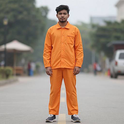 Photograph of a young South Asian man with dark hair and beard, wearing an orange prison jumpsuit and black sneakers, standing on a blurred, tree