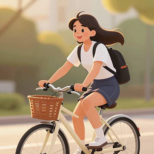 Digital illustration of a smiling Asian girl with long black hair, wearing a white shirt, blue skirt, and backpack, riding a cream-colored bicycle with a