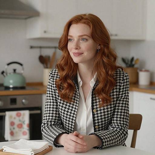 Red-Haired Woman Sitting at Kitchen Table