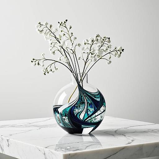 Abstract Geometric Glass Vase with White Flowers