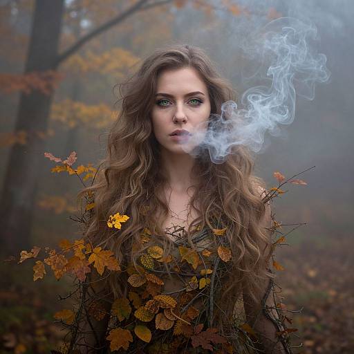 Photograph of a pensive woman with long, wavy brown hair, surrounded by autumn leaves, blowing smoke, set in a misty forest.