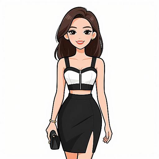 Digital anime-style drawing of a smiling woman with fair skin, long brown hair, black and white strapless top, black high-waist skirt,