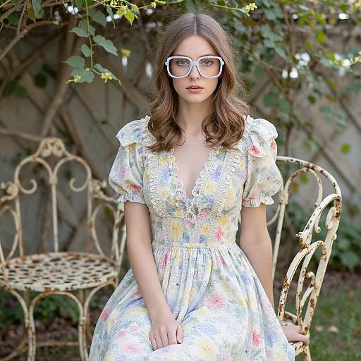 Photograph of a young woman with long brown hair, wearing white-rimmed glasses, a floral lace dress, and sitting on a vintage wrought iron