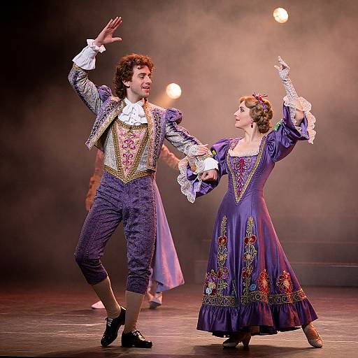 Photograph of a theatrical couple dancing in elaborate, 18th-century-style costumes; he in blue jacket and breeches, she in purple dress with