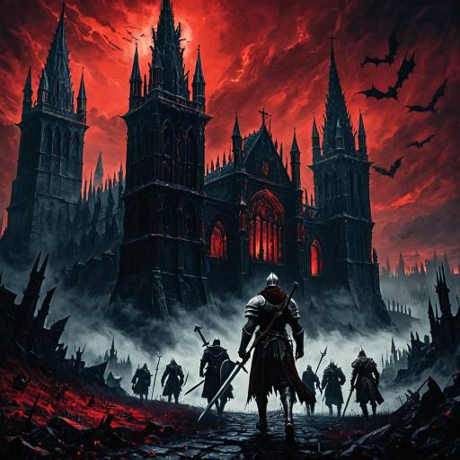 Shadowy Knight Hunters Approaching Gothic Fortress