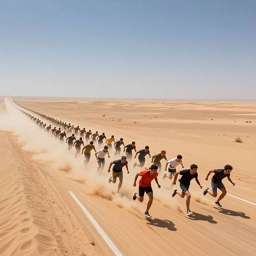 Photograph of a large group of runners in athletic gear sprinting across a vast, sandy desert under a clear blue sky, kicking up clouds of dust